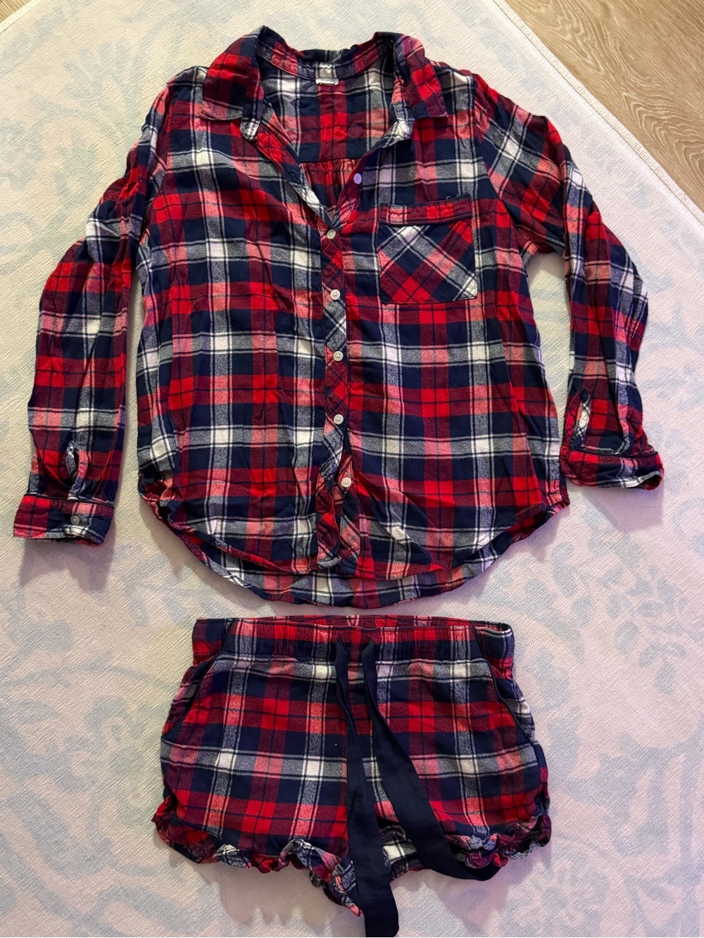 Aerie Red Navy Plaid Flannel Pajama Set S Button Up Shirt Ruffle Shorts PJs